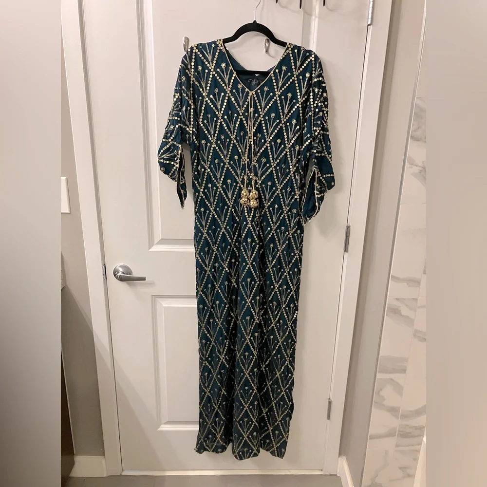 Green and Gold Sequin Embroidered Kaftan Dress - Picture 2 of 3